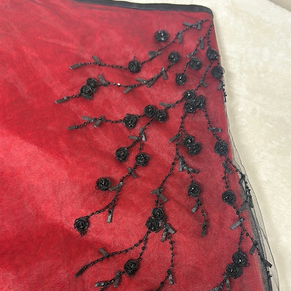Vintage Y2K Victor Costa 12 Red Tulle Overlay Floral Skirt Whimsygoth 100% Silk - Picture 9 of 10